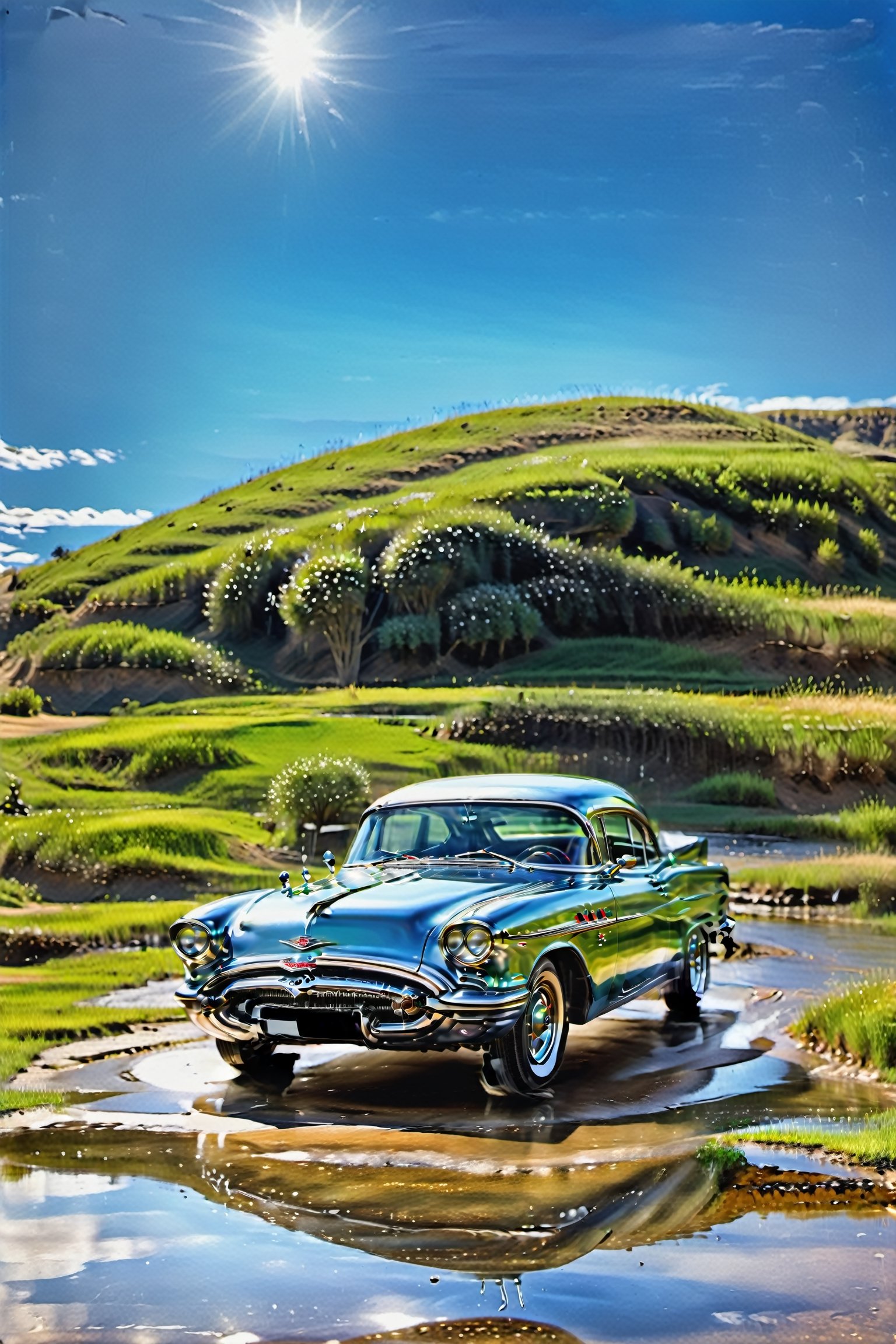 a Professionl 1957 commercial photoshoot, at an angled view, uninterrupted perfect rural background without any blemish, a glossy black Oldsmobile 2 door sedan is in the image center, the polished glossy surface looks like a Clear Glass Skin that covers the entire car surface and it reflects light almost as well as water does, Professionl photoshoot, rural background with light green hills, distant trees, and a perfect light blue sky without any blemishs, the car has truly straight perfect lines, aw0k meltdown style, ,chrome skin, the Chrome wheels and hubcaps and the front chrome grill and bumer appear to have Clear Glass Skin, 