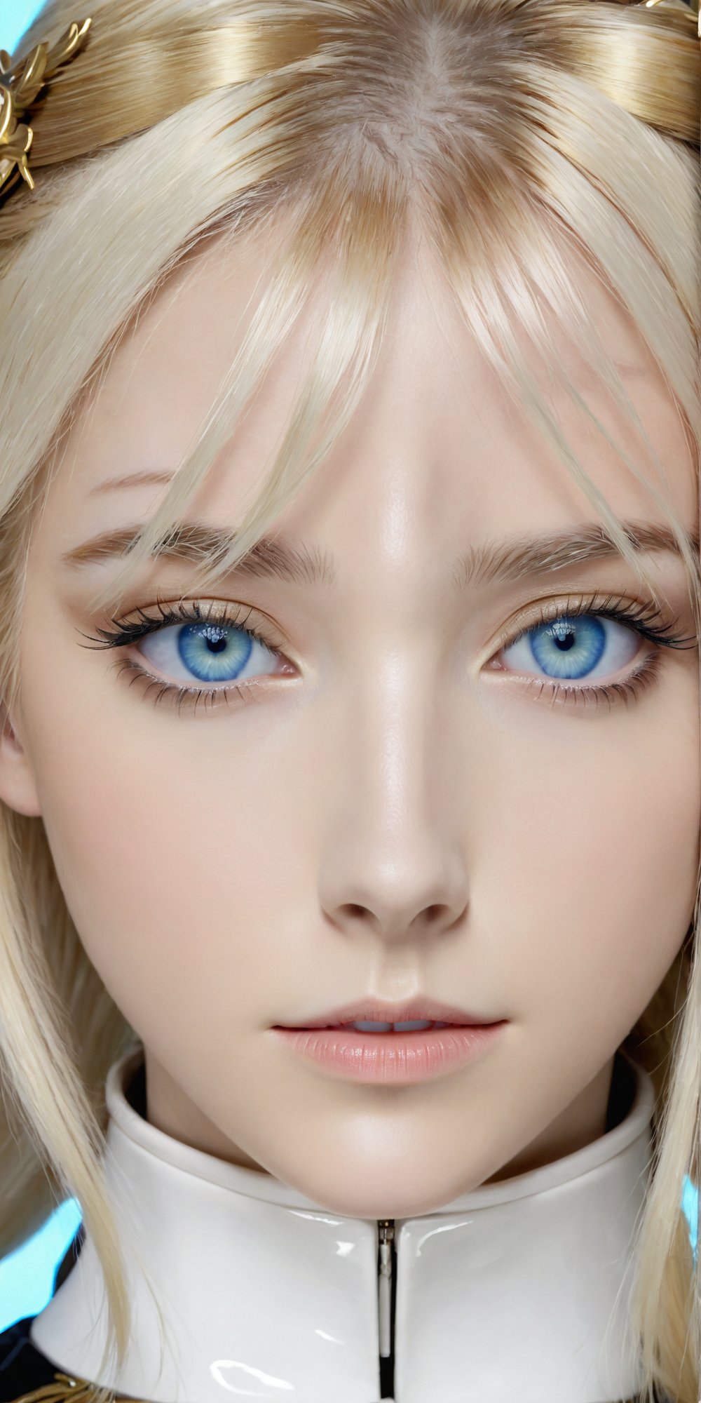 score_9, score_8_up, score_7_up, 1 girl, blonde, pale blue eyes, close up, art, symetrical,  makeup, digitally artistic,  dry hair, x 4