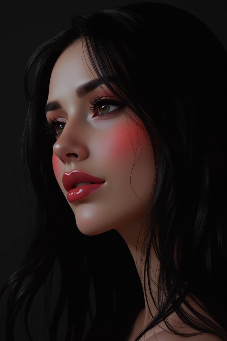 score_9, score_8_up, score_7_up, pretty woman, graphics interesting creative effect, black dark color theme, light skin, red cheeks, , pink lips, glossy shiny reflective lips, long straight hair, looking aside