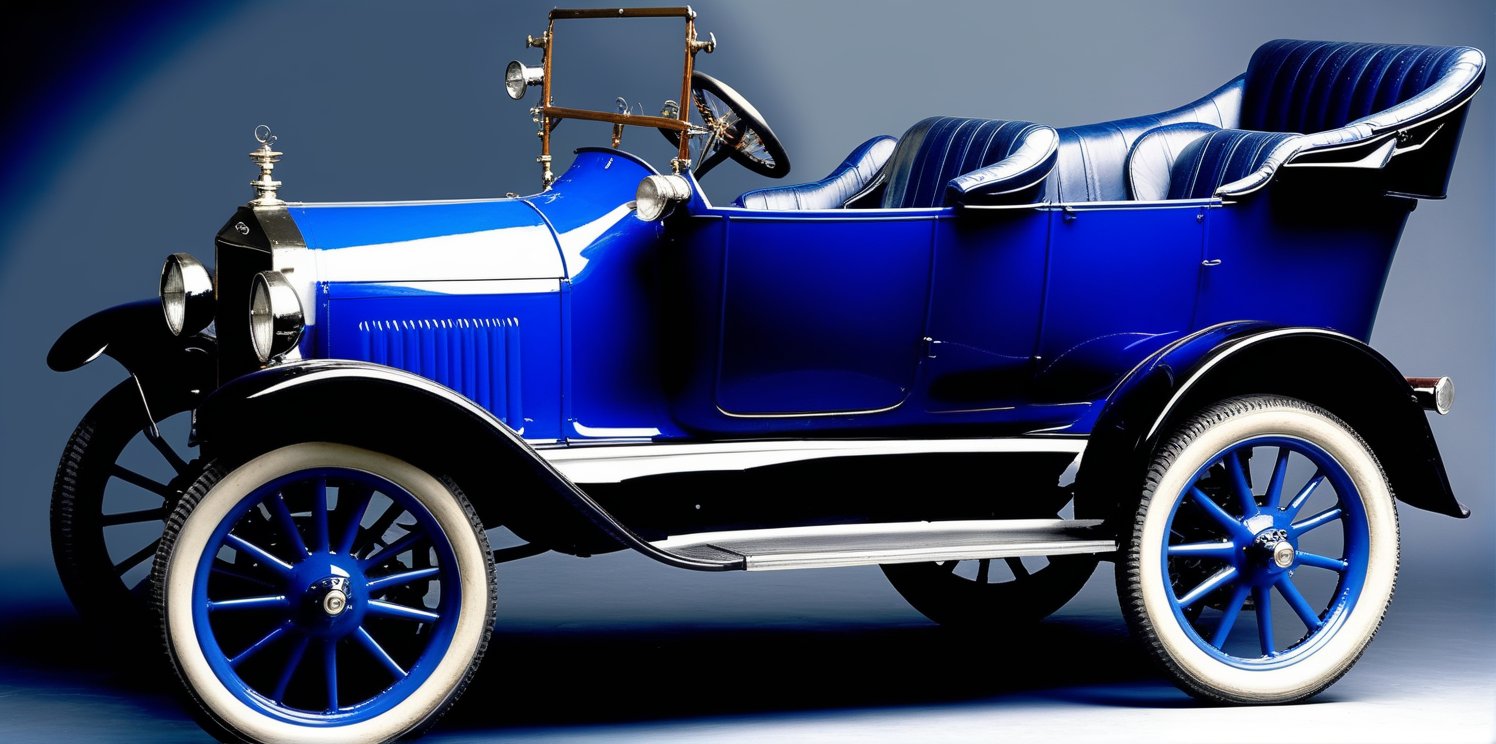 customized model T ford in a photo studio, one metre wide tyres on chrome wide mag wheels that extend out from the car body,  front tyres are the same with a smaller diametre that are 50cm wide, and wheels, visable chrome exhaust pipes, engine blower with large chrome scoop extending from on top of the centre of the blue engine