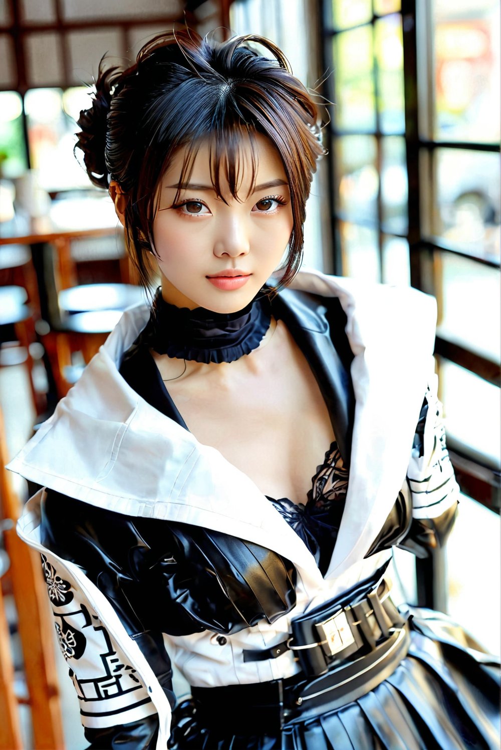 score_9, score_8_up, score_7_up, 1girl, a beautiful japanese girl, cpysd, short hair,  jacket, cleavage cutout, large breast, , aiguillette, black gloves, belt, pleated skirt, pantyhose, feminine, , source_photo,  photography, realistic, hyperrealistic, ultrarealistic, ulzzang, absurdres, depth of field, viewed from below