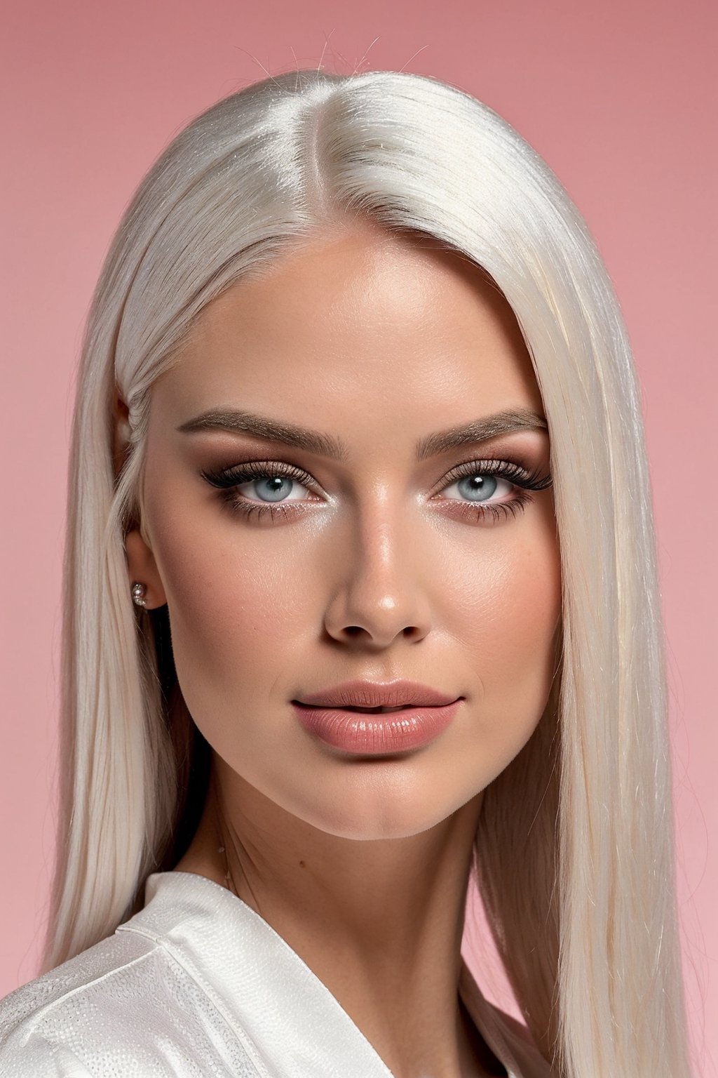  a pretty sweedish woman with a straight thin white hair, gorgeous long white straight hair, wearing a white dress, blue eyes, strawberry lipstick, midshot picture, and attractive features,  eyes,  mascara, eyeliner, eyelid,  focus,  depth of field,  ray tracing,  slim model,  anatomically correct, (Beautiful blonde:1.2)(cutting hair:0.75)(Hairdress),(PnMakeEnh)