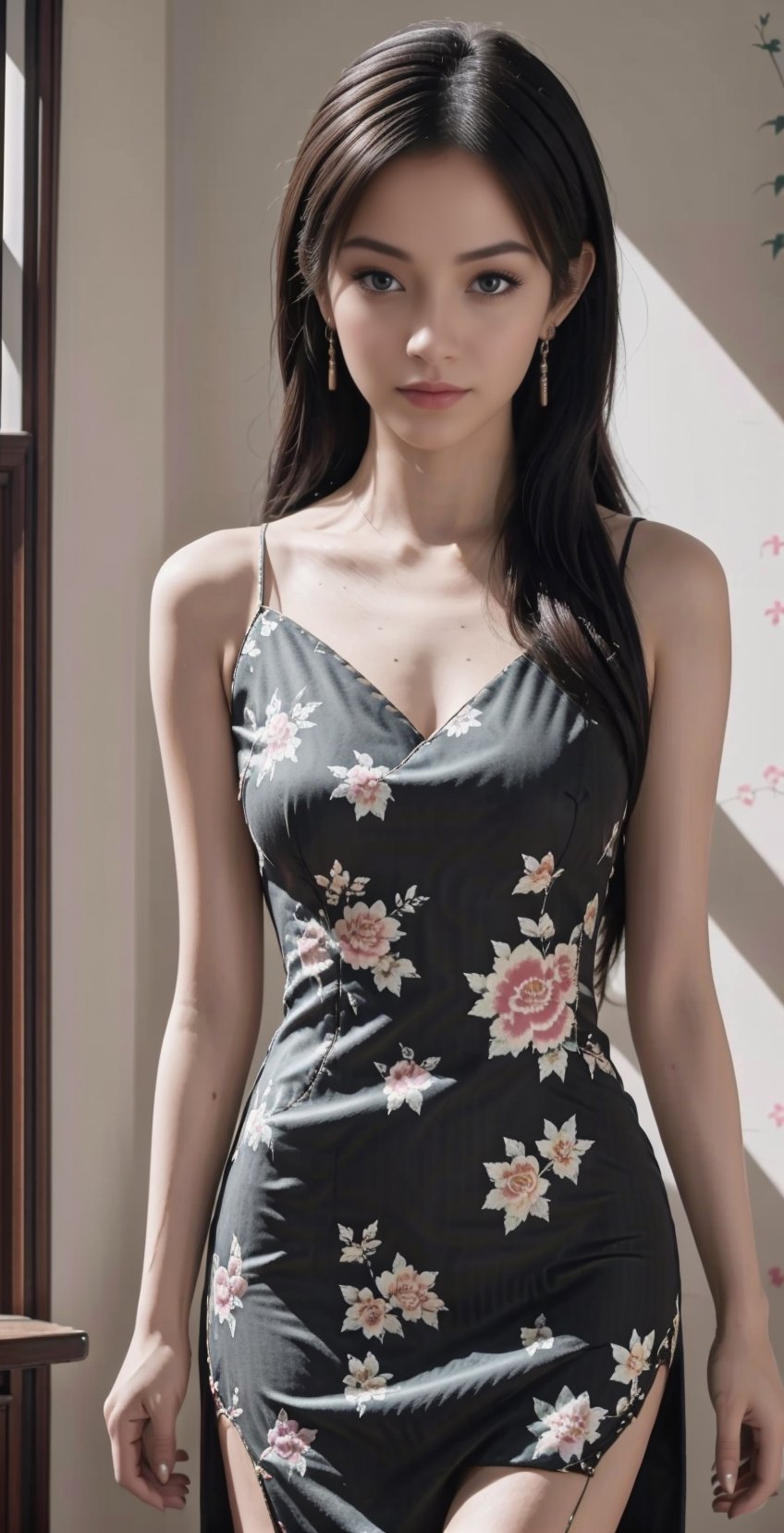 (high-res, ultradetailed, best quality, masterpiece), ((detailed background chinese street )), (((black hair))(brown eyes, long thin black hair, high ponytail)((high slit cheongsam)), sideless, (white elbow gloves), looking at viewer, seductive smile, chinese girl, ( side slit, see-through )breasts, nipples, girl,<lora:659111690174031528:1.0>