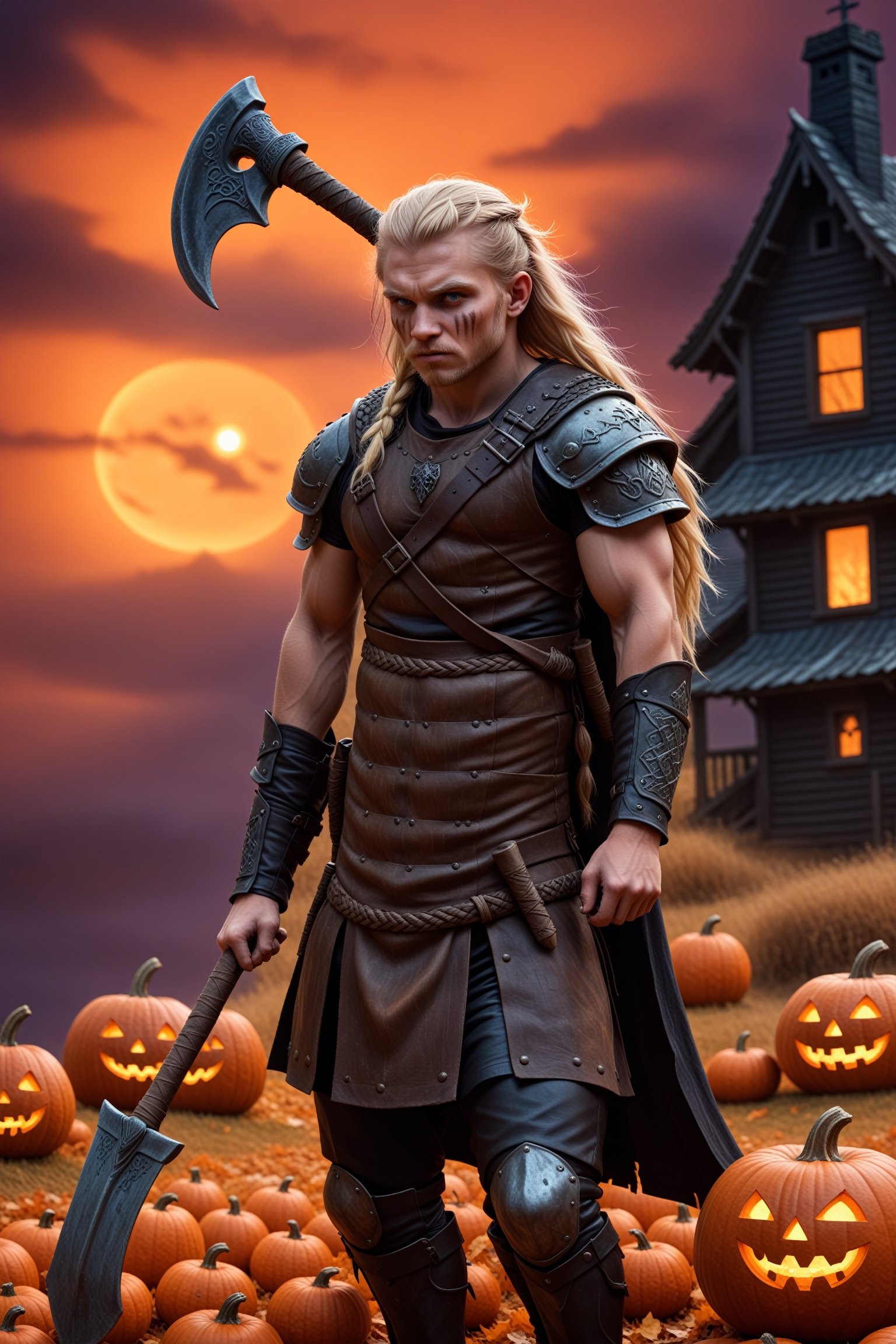 absurdres, highres, ultra detailed, (1boy:1.3), BREAK, infrared photography, otherworldly hues, surreal landscapes, unseen light, ethereal glow, vibrant colors, ghostly effect, 1 Viking Warrior, light Blond hair, ((braded hair)), Viking axe, leather armor, brown and black clothing, halloween, a pumpkin, haunting house,aw0k euphoric style,<lora:659095807385103906:1.0>