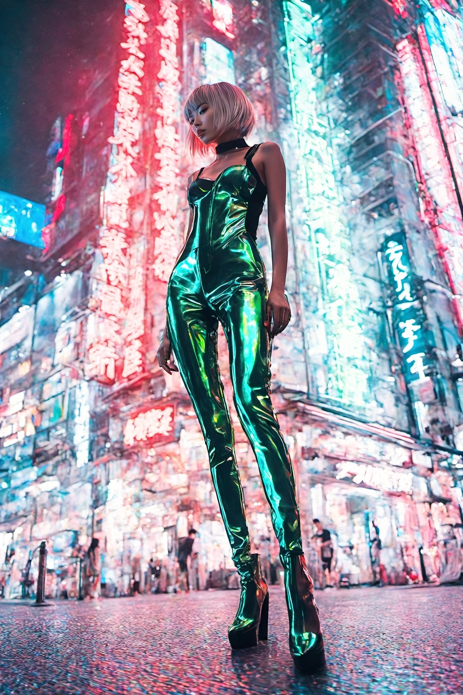 Photorealistic (32k UHD) ultra-sharp, luminescent futuristic holographic hyperrealistic, Intricate (fine details)(masterpiece)(full body shot) (shot from the front:1.2)(slim waist)(very_long_legs:0.8)(very small breast:1.7)(Perfect figure, body standing)Japanese city of Akihabara, photo has no sky, background of only skyscrapers,  3D rendering, stunning Anime fashionpunk, beautiful Japanese woman, A line haircut, tall, slim, fashionpunk, silver and mirrachrome clothing that reflects the neon lights, full chrome leggings, sleeveless, future luminescent neon holographic, hyper realistic, skyscrapers, a  Street at night-time, Red, green, Blue neon streetlights everywhere, pedestrians everywhere, maximum contrast, maximum texture, depth, post-processing, neon photography style,ByteBlade,neon style,cyber
