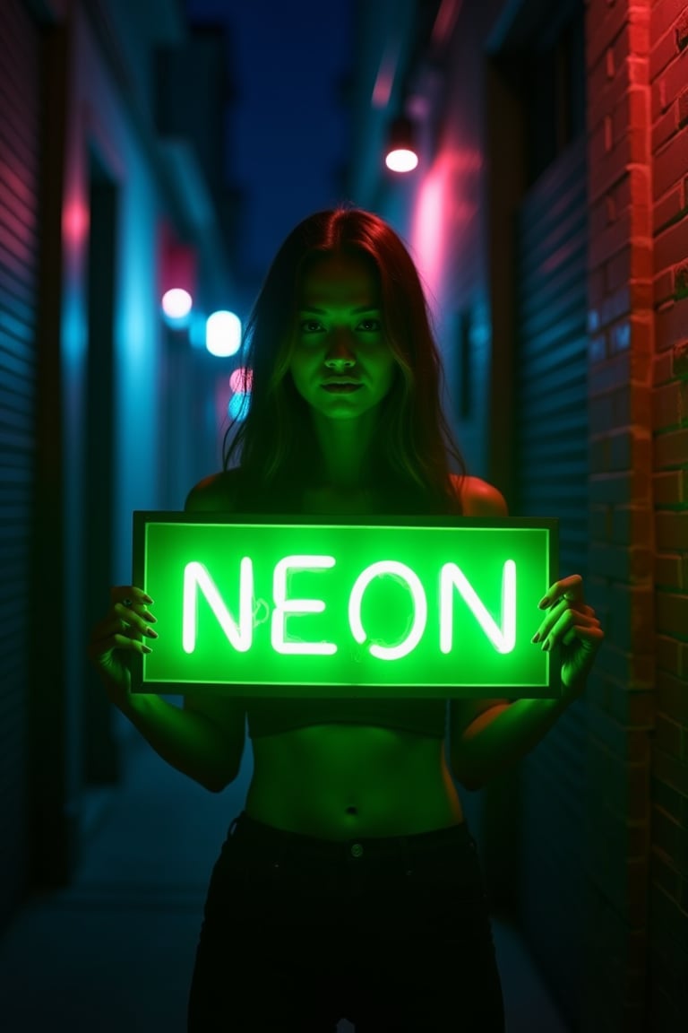 A vibrant image of a woman holding a neon sign that reads NEON in glowing lime green. The scene is set in a dark, urban alleyway with the sign casting a bright, contrasting light. The woman stands with a confident pose, her silhouette sharply defined against the luminous sign. The composition focuses on the interplay of light and shadow, highlighting the neon's electric glow against the night backdrop.