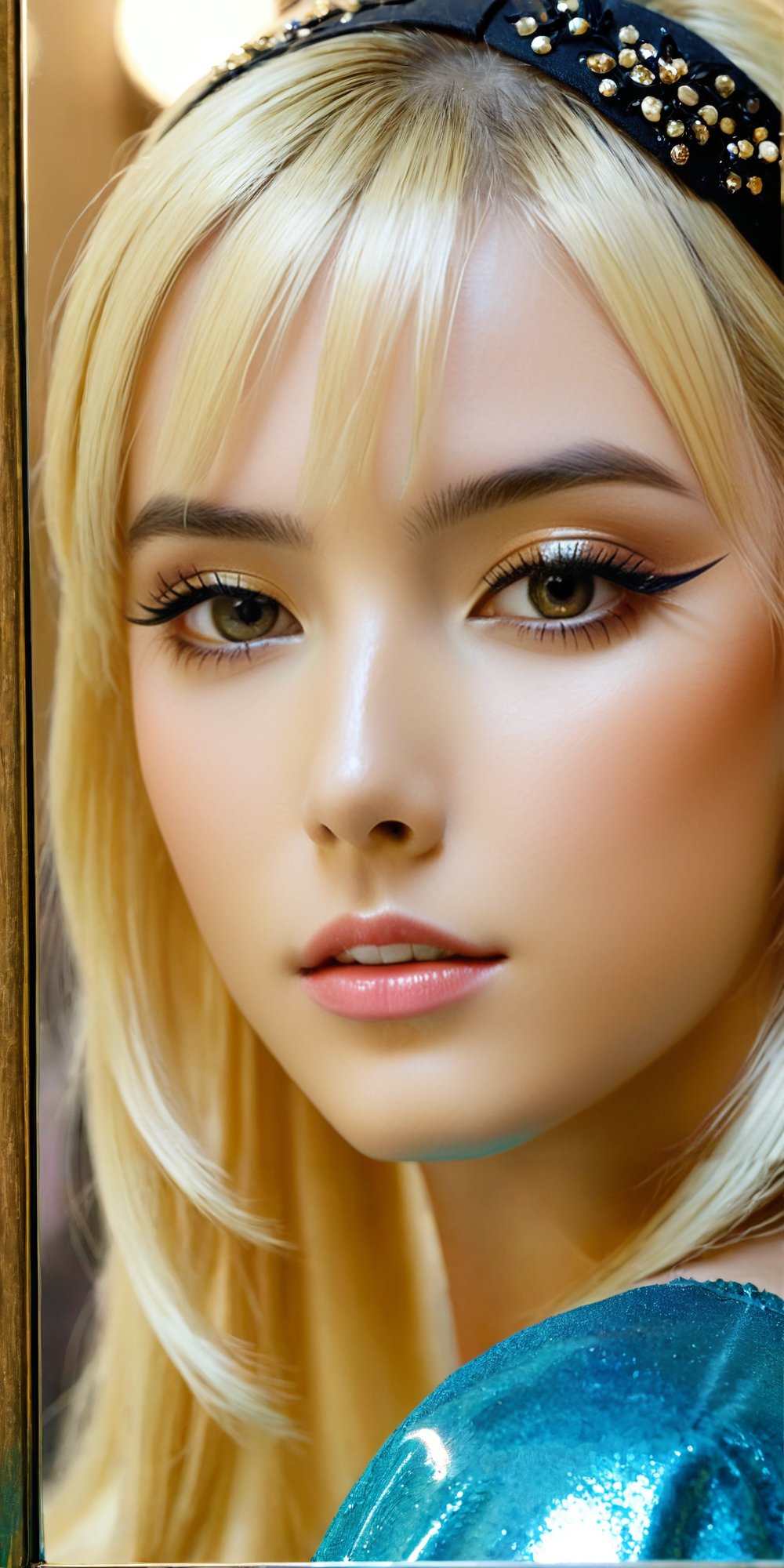 score_9, score_8_up, score_7_up, 1 girl, blonde, close up, art, mirroring, makeup, digital art,  dry,