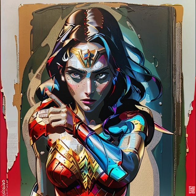 wonder woman ,half body, erotic, photo collage
, potcoll, uhd,hdr, prismatic colors, feminism