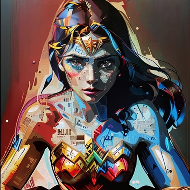 wonder woman ,half body, erotic, photo collage
, potcoll, uhd,hdr, prismatic colors, feminism