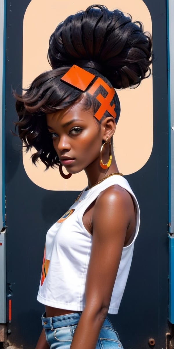 (masterpiece:1.1), (highest quality:1.1), (HDR:1.0), abstract 1998 african hairstyle hiphop girl by sachin teng x supreme, attractive, stylish, designer, black, asymmetrical, geometric shapes, graffiti, street art,aw0k euphoric style,photo r3al