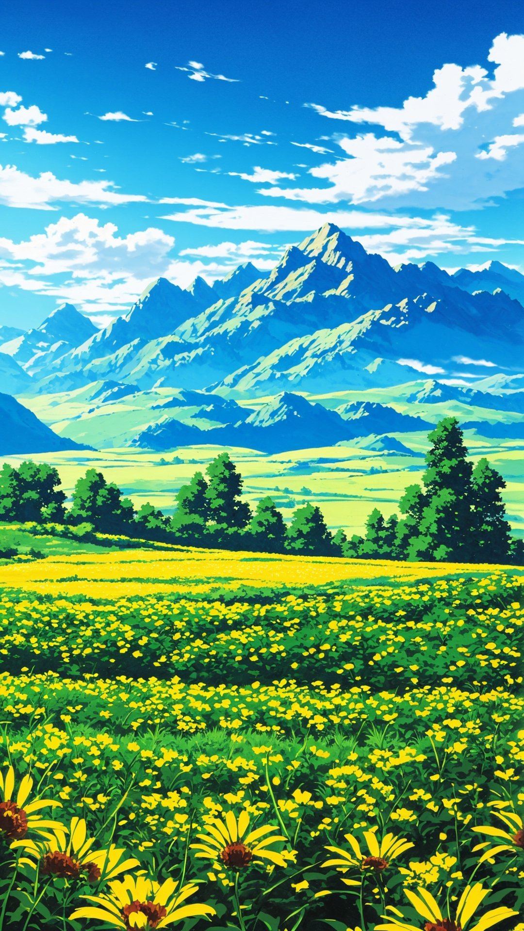  a wide field with flower field, and a big tree , mountain in background,

 4k, ultra hd, high quality, wide view, anime scenery, crispy detailed picture