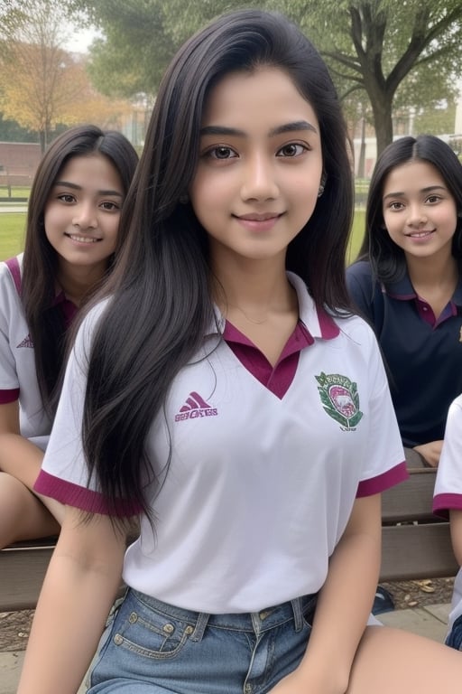 Ultra realistic, natural face and body structure, she is with her friends in her college, all of them sitting at bench, she and her friends wearing college uniform.