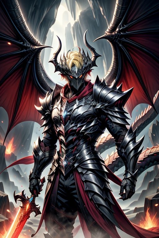 young man with yellow hair with dragon scale armor, large dragon wings. The surrounding should be a dark cave with orbs of different colors surrounding it, holding a white sword and a black shield