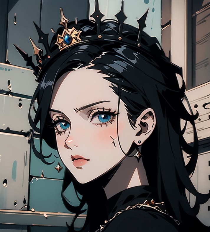 1 girl,cute, Jelly skin, oily skin, sparkling eyes, cute clothes. face focus,tiara,crown ,jelly, art, art style, cute, aesthetic, trendy, tik tok, female, girl, glossy, shiny, adorable, jelly, soft, dewy, cute, dark theme,black hair, ybv1,anime,NicoRobin