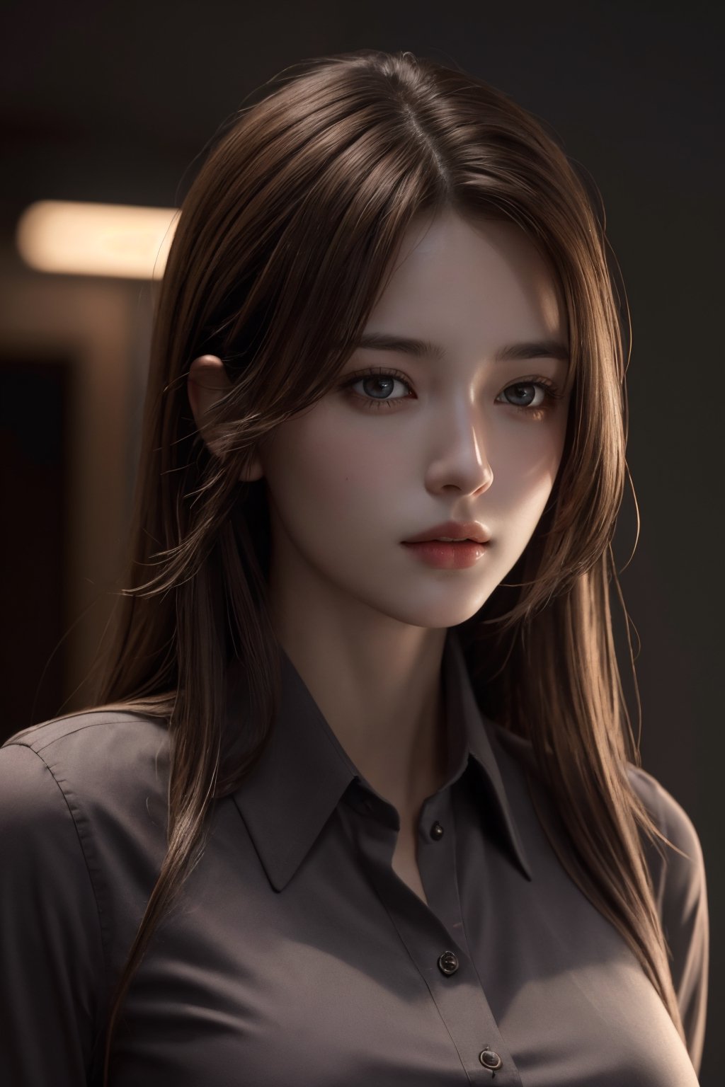 photorealistic, masterpiece, best quality, raw photo, 1girl, medium breasts, long hair, brown hair, collared shirt, looking at viewer, dynamic lighting, in the dark, deep shadow, low key, intricate detail, detailed skin, pore, highres, hdr