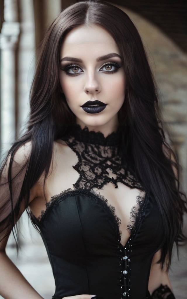 Best quality, masterpiece, (realistic:1.4), 1girl, highly detailed, gothicstyle, very long hair, gothic body, goth makeup, beautiful eyes, bright colors, high contrast, vivid lighting,  brown eyes, gothic, black lips, black nails, clevage, sexy dress, black dress. centered composition, photo r3al, detailmaster2,