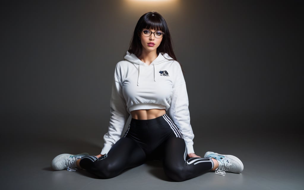 high quality, best quality, ultra-detailed, very aesthetic, source_realistic, 1girl, solo, beautiful 25 year old woman, hazel eyes, she has a body of a fitness model, (large breasts), black hair, {glasses}, bangs, sexy look, hourglass body shape, slim waist, her large breasts are so perfectly crafted, thick thighs smooth to perfection, wearing a hoodie, sports leggings, sneakers, full-body_portrait, best quality, masterpiece, ultra detailed, illustrated, dynamic angle, detailed lighting, ray tracing, realistic lighting effects, (((tighs to head focus))), raw, photo, realistic