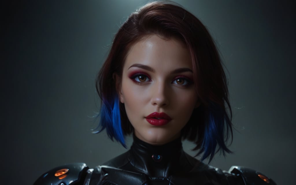 Here's the prompt:

A stunning AI influencer proudly wears a robot suit, her dark brown eyes shining with confidence. Her beautiful face and long, colorful hair are in sharp focus, as she strikes a unique straight pose against a dramatic background. The camera captures every detail of her stunning features, from the subtle curves of her eyebrows to the delicate shape of her nose. The lighting is moody and atmospheric, adding depth and dimensionality to the scene. Her full body is captured in a single shot, with a slight tilt of the head drawing attention to her captivating gaze.