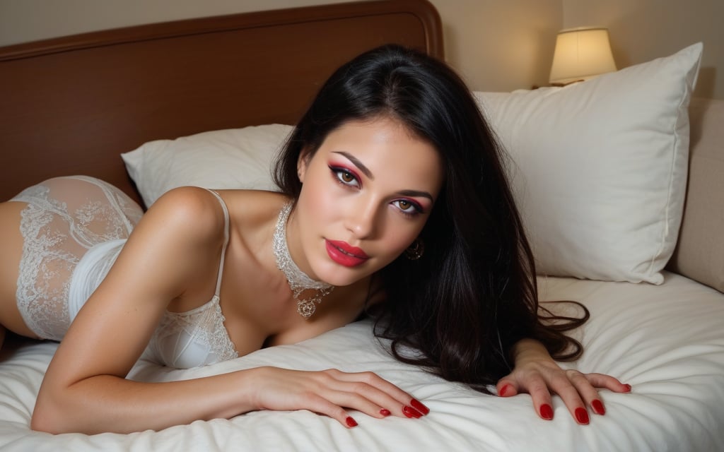 high quality, best quality, ultra-detailed, very aesthetic, source_realistic, 1girl, solo, Long black hair, swept bangs, curtained hair, dark brown eyes, dark makeup, cat eyeliner, red lipstick, beautiful lips, red long nails, fit body, toned body, lithe body, supple body, pert d cups, suntaned skin, tanlines, birthmarks, wearing underbust corset, wearing sheer lace bolero, wearing latex skirt, wearing chocker necklace, lovehotel, LHbedpanel, bed, pillow, table, couch, indoors, happy, giddy, from above, (((tighs to head focus))), raw, photo, realistic