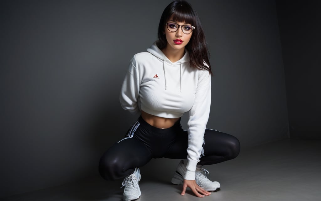 high quality, best quality, ultra-detailed, very aesthetic, source_realistic, 1girl, solo, beautiful 25 year old woman, hazel eyes, she has a body of a fitness model, (large breasts), black hair, {glasses}, bangs, sexy look, hourglass body shape, slim waist, her large breasts are so perfectly crafted, thick thighs smooth to perfection, wearing a cropped hoodie, sports leggings, sneakers, full-body_portrait, best quality, masterpiece, ultra detailed, illustrated, dynamic angle, detailed lighting, ray tracing, realistic lighting effects, (((tighs to head focus))), raw, photo, realistic