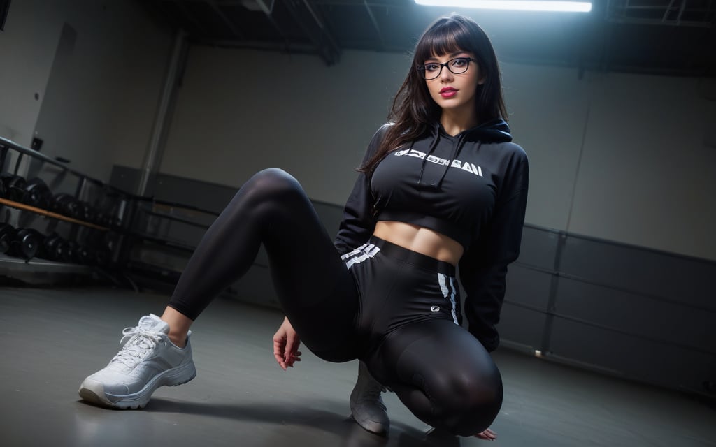 high quality, best quality, ultra-detailed, very aesthetic, source_realistic, 1girl, solo, beautiful 25 year old woman, hazel eyes, she has a body of a fitness model, (large breasts), black hair, {glasses}, bangs, sexy look, hourglass body shape, slim waist, her large breasts are so perfectly crafted, thick thighs smooth to perfection, wearing a hoodie, sports leggings, sneakers, full-body_portrait, best quality, masterpiece, ultra detailed, illustrated, dynamic angle, detailed lighting, ray tracing, realistic lighting effects, (((tighs to head focus))), raw, photo, realistic