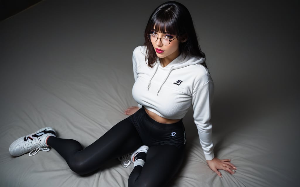 high quality, best quality, ultra-detailed, very aesthetic, source_realistic, 1girl, solo, beautiful 25 year old woman, hazel eyes, she has a body of a fitness model, (large breasts), black hair, {glasses}, bangs, sexy look, hourglass body shape, slim waist, her large breasts are so perfectly crafted, thick thighs smooth to perfection, wearing a cropped hoodie, sports leggings, sneakers, full-body_portrait, best quality, masterpiece, ultra detailed, illustrated, dynamic angle, detailed lighting, ray tracing, realistic lighting effects, (((tighs to head focus))), raw, photo, realistic