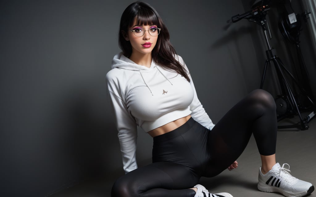 high quality, best quality, ultra-detailed, very aesthetic, source_realistic, 1girl, solo, beautiful 25 year old woman, hazel eyes, she has a body of a fitness model, (large breasts), black hair, {glasses}, bangs, sexy look, hourglass body shape, slim waist, her large breasts are so perfectly crafted, thick thighs smooth to perfection, wearing a hoodie, sports leggings, sneakers, full-body_portrait, best quality, masterpiece, ultra detailed, illustrated, dynamic angle, detailed lighting, ray tracing, realistic lighting effects, (((tighs to head focus))), raw, photo, realistic