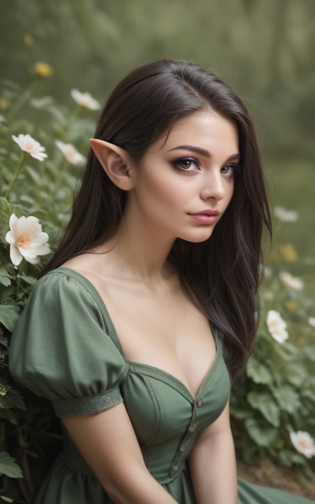 score_9, score_8_up, score_7_up, ultra quality, masterpiece, realistic, (ultra-detailed),(best shadow), (detailed eyes), 1girl, black hair, brown eyes, outdoors, flower, sitting, upper body, portrait, fantasy style, green dress, elven girl, long pointy ears, solo, OverallDetail