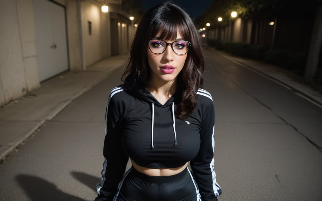 high quality, best quality, ultra-detailed, very aesthetic, source_realistic, 1girl, solo, beautiful 25 year old woman, hazel eyes, she has a body of a fitness model, (large breasts), black hair, {glasses}, bangs, sexy look, hourglass body shape, slim waist, her large breasts are so perfectly crafted, thick thighs smooth to perfection, wearing a hoodie, high leggings, sneakers, full-body_portrait, best quality, masterpiece, ultra detailed, illustrated, dynamic angle, detailed lighting, ray tracing, realistic lighting effects, (((tighs to head focus))), raw, photo, realistic