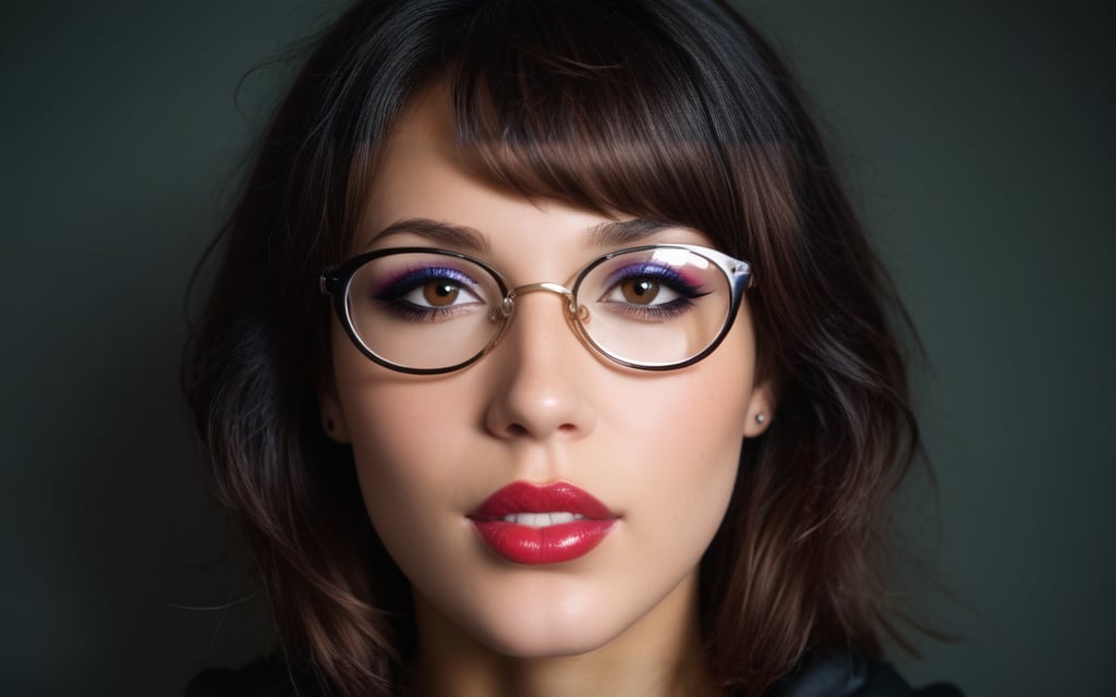 high quality, best quality, ultra-detailed, very aesthetic, source_realistic, 1girl, solo, beautiful 25 year old woman, hazel eyes, detailed face, eyeshadow, eyeliner, brown eyes, red lipstick, cat eyeliner, beautiful lips, she has a body of a fitness model, (large chest), black hair, (glasses), bangs, sexy look, hourglass body shape, slim waist, her large boobs are perfectly crafted, thick thighs smooth to perfection, wearing a cropped hoodie, sports leggings, sneakers, full-body_portrait, best quality, masterpiece, ultra detailed, dynamic angle, detailed lighting, ray tracing, realistic lighting effects, (((tighs to head focus))), raw, photo, realistic