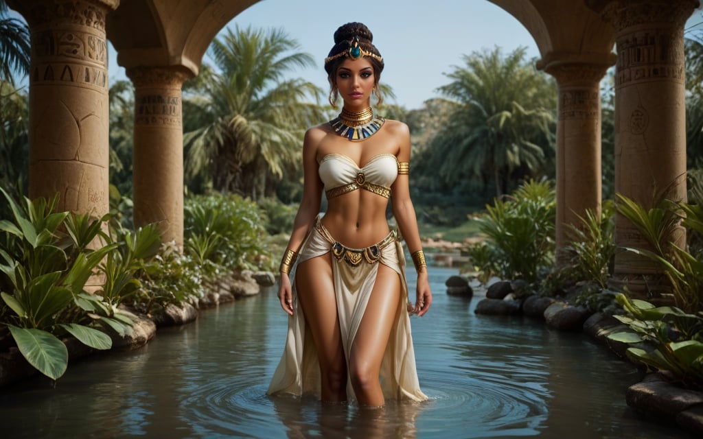 high quality, best quality, ultra-detailed, very aesthetic, source_realistic, 1girl, solo, full body shot, (desirable queen from ancient egypt) young woman, slender build, black hairbun hair, brown eyes, tan skin, egyptian makeup, wearing Linen bandeau top with gold embroidery, linen loincloth, beaded collar necklace, gold anklets with jingling bells, set in ancient egypt era, in Lotus Pond, A serene pond filled with blooming lotus flowers, surrounded by fragrant herbs and reeds, with stone steps leading down for a refreshing dip, and small wooden boats available for leisurely rides, at night, smiling at the viewer, (((tighs to head focus))), raw, photo, realistic