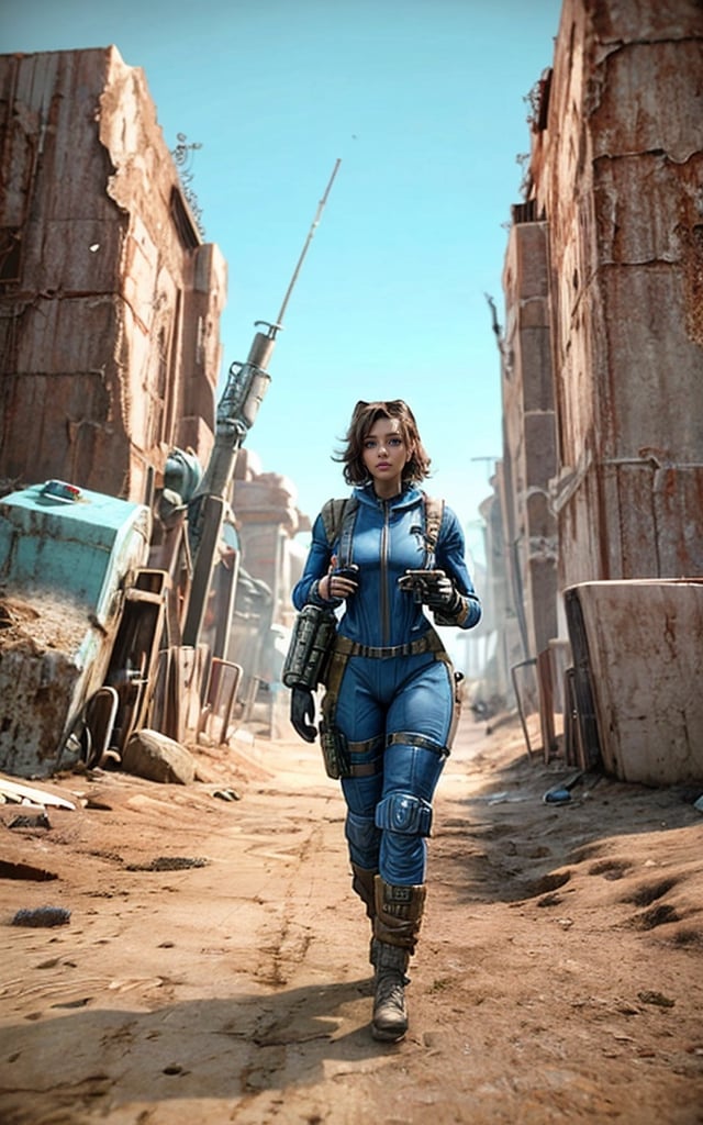 Deru with a gun and a backpack in a desert, solo female fallout character, as a retro futuristic heroine, wearing a blue vault-tech jumpsuit uniform with long sleaves as a retrofuturistic heroine, deru solo, holding a blaster, dusty fallout Vault suit, female lead character, fallout style, in the fallout wasteland, Deru, mighty princess of the wasteland