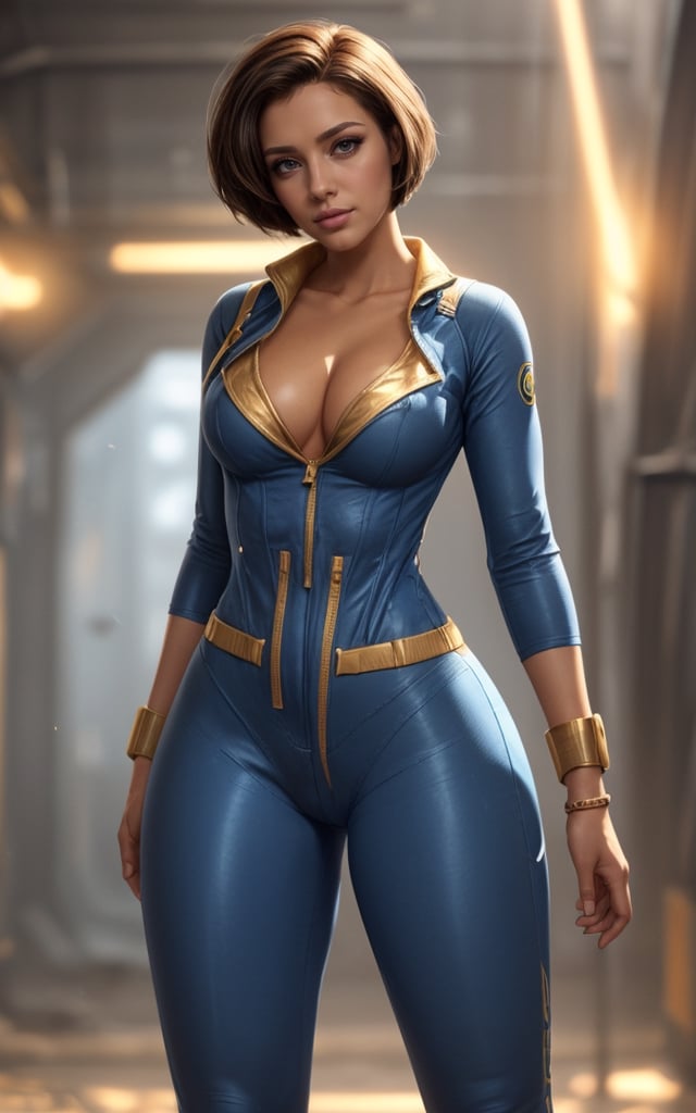 (masterpiece, best quality, realistic), full body, 1girl, (Fallout 4 Vault girl), vault tec, sexy girl, beautiful, short blonde hair, smiling with closed mouth, (body tight jumpsuit), (deep blue jumpsuit with golden details from vault 111) (jumpsuit with long sleaves and zipper, no cutouts, deep blue color), combat boots, pipboy on wrist, (vault girl), vault 111, ((curvy body)) defined body, good curves, good lighting, very detailed face, eyes highly detailed, fallout