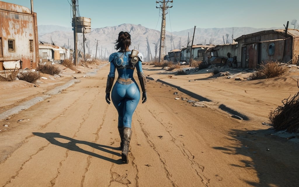  a woman in a blue vault-tech bodysuit walking down a street, standing in wasteland, detaileg pretty face, discarded mechsuit in background, in a desolate empty wasteland, in the fallout wasteland, full body view, full body shot hyperdetailed, fallout style, full body shot 4k, apocalyptic fallout, stylization for fallout 4, fallout, realistic