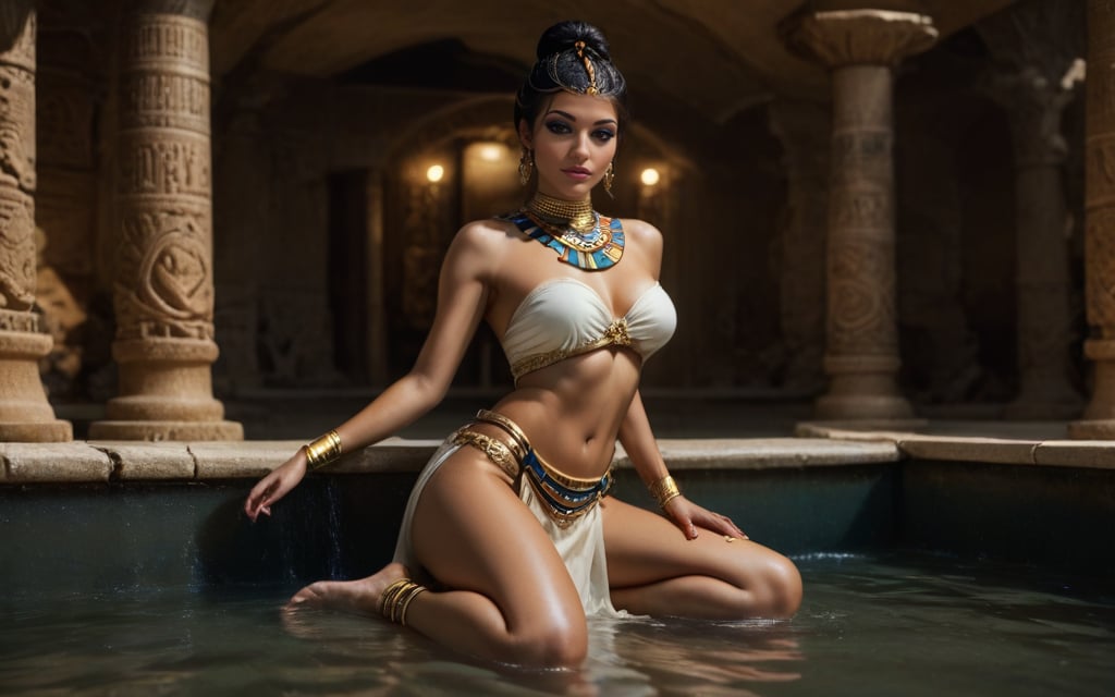 high quality, best quality, ultra-detailed, very aesthetic, source_realistic, 1girl, solo, full body shot, (desirable queen from ancient egypt) young woman, slender build, black hairbun hair, brown eyes, tan skin, egyptian makeup, wearing Linen bandeau top with gold embroidery, linen loincloth, beaded collar necklace, gold anklets with jingling bells, set in ancient egypt era, in Lotus Pond, A serene pond filled with blooming lotus flowers, surrounded by fragrant herbs and reeds, with stone steps leading down for a refreshing dip, and small wooden boats available for leisurely rides, at night, smiling at the viewer, (((tighs to head focus))), raw, photo, realistic