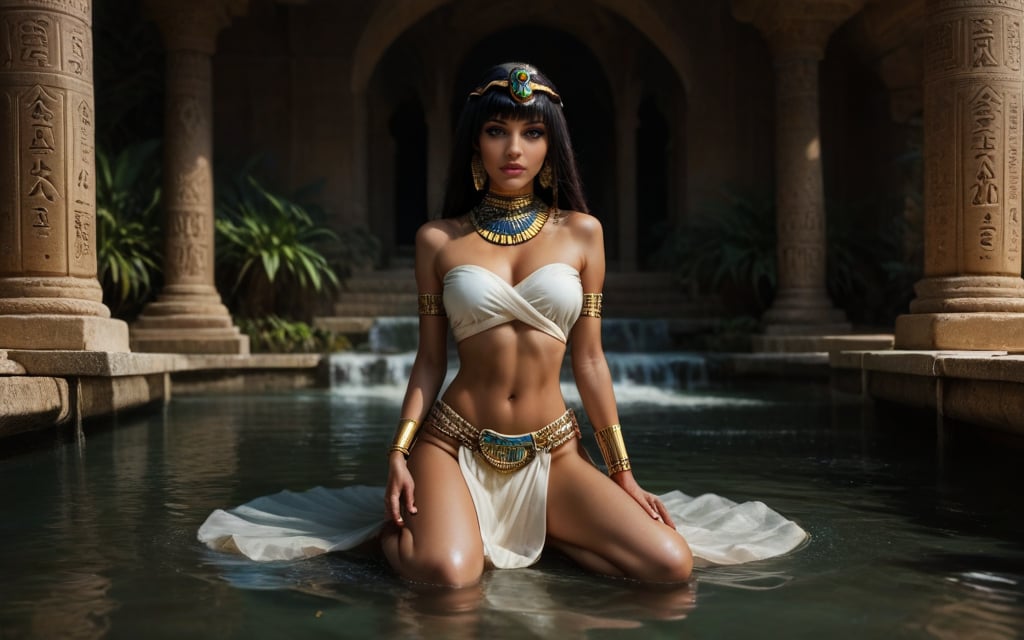 high quality, best quality, ultra-detailed, very aesthetic, source_realistic, 1girl, solo, full body shot, (desirable queen from ancient egypt) young woman, slender build, black long bob hair, bangs, brown eyes, tan skin, egyptian makeup, wearing Linen bandeau top with gold embroidery, linen loincloth, beaded collar necklace, gold anklets with jingling bells, set in ancient egypt era, in Lotus Pond, A serene pond filled with blooming lotus flowers, surrounded by fragrant herbs and reeds, with stone steps leading down for a refreshing dip, and small wooden boats available for leisurely rides, at night, smiling at the viewer, (((tighs to head focus))), raw, photo, realistic