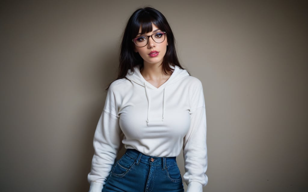 high quality, best quality, ultra-detailed, very aesthetic, source_realistic, 1girl, solo, beautiful 25 year old woman, hazel eyes, she has a body of a fitness model, (large breasts), black hair, {glasses}, bangs, sexy look, hourglass body shape, slim waist, her large breasts are so perfectly crafted, thick thighs smooth to perfection, wearing a hoodie, denim shorts, high leggings, sneakers, , full-body_portrait, best quality, masterpiece, ultra detailed, illustrated, dynamic angle, detailed lighting, ray tracing, realistic lighting effects, (((tighs to head focus))), raw, photo, realistic