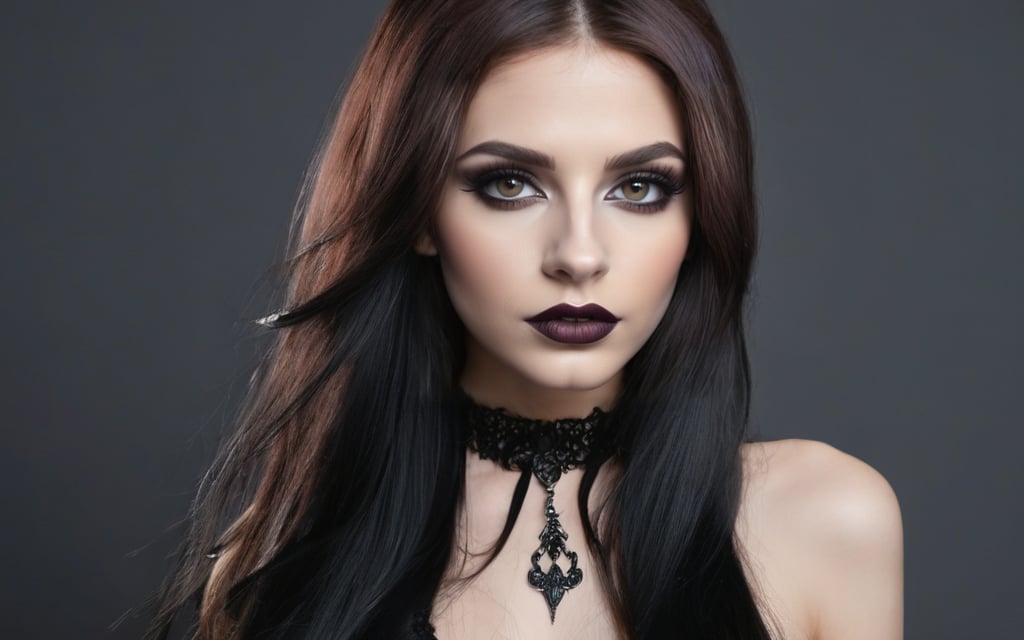 Best quality, masterpiece, (realistic:1.4), 1girl, highly detailed, gothicstyle, very long hair, gothic body, goth makeup, beautiful eyes, bright colors, high contrast, vivid lighting,  brown eyes, gothic, black lips, black nails, clevage, sexy dress, black dress. centered composition, photo r3al, detailmaster2,