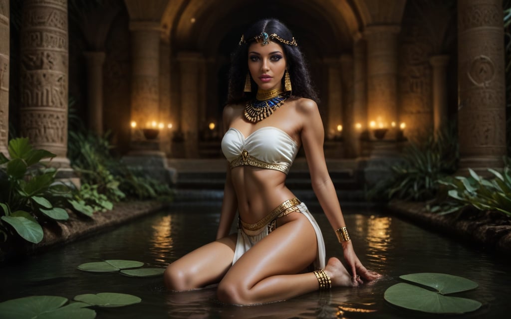 high quality, best quality, ultra-detailed, very aesthetic, source_realistic, 1girl, solo, full body shot, (desirable queen from ancient egypt) young woman, slender build, black hair, brown eyes, tan skin, egyptian makeup, wearing Linen bandeau top with gold embroidery, linen loincloth, beaded collar necklace, gold anklets with jingling bells, set in ancient egypt era, in Lotus Pond, A serene pond filled with blooming lotus flowers, surrounded by fragrant herbs and reeds, with stone steps leading down for a refreshing dip, and small wooden boats available for leisurely rides, at night, smiling at the viewer, (((tighs to head focus))), raw, photo, realistic