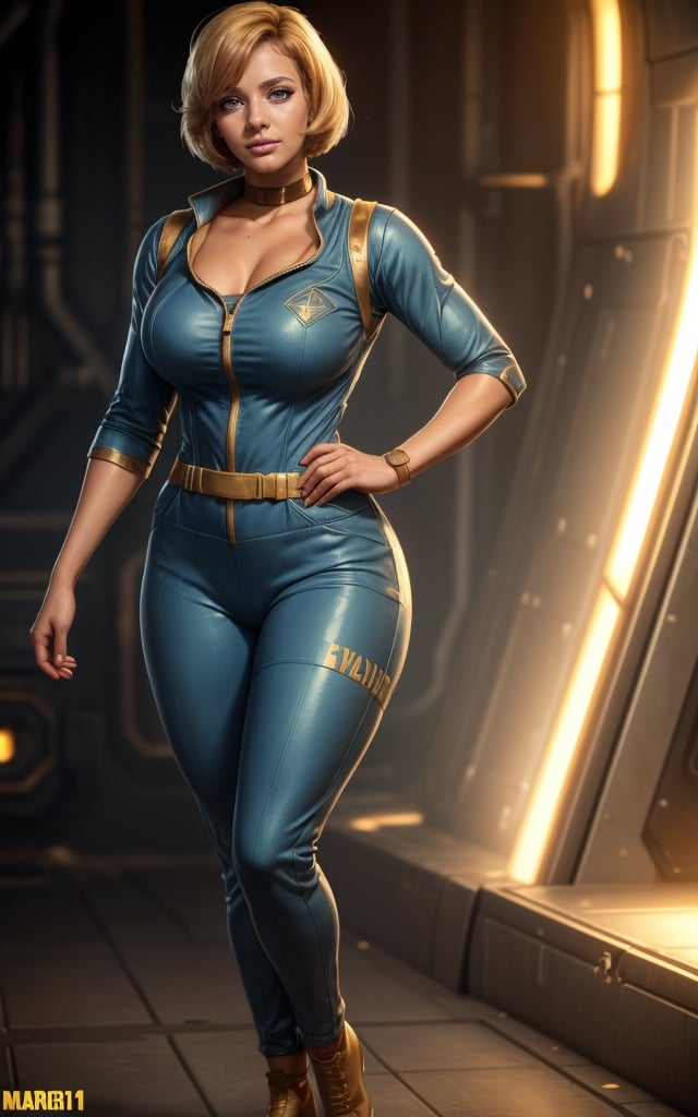 (masterpiece, best quality, realistic), full body, wide shot, 1girl, (Fallout 4 Vault girl), vault tec, sexy girl, beautiful, short blonde hair, smiling with closed mouth, (body tight jumpsuit), (deep blue jumpsuit with golden details from vault 111) (jumpsuit with long sleaves and frontal zipper, no_cutouts), combat boots, pipboy on wrist, (vault girl), vault 111, ((curvy body)) defined body, long legs, good lighting, very detailed face, eyes highly detailed, random sexy pose, fallout
