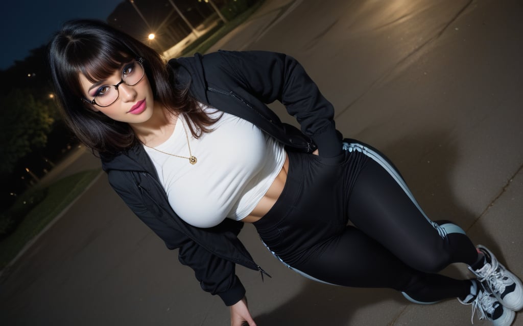 high quality, best quality, ultra-detailed, very aesthetic, source_realistic, 1girl, solo, beautiful 25 year old woman, hazel eyes, she has a body of a fitness model, (large breasts), black hair, {glasses}, bangs, sexy look, hourglass body shape, slim waist, her large breasts are so perfectly crafted, thick thighs smooth to perfection, wearing a hoodie, denim shorts, high leggings, sneakers, full-body_portrait, best quality, masterpiece, ultra detailed, illustrated, dynamic angle, detailed lighting, ray tracing, realistic lighting effects, (((tighs to head focus))), raw, photo, realistic