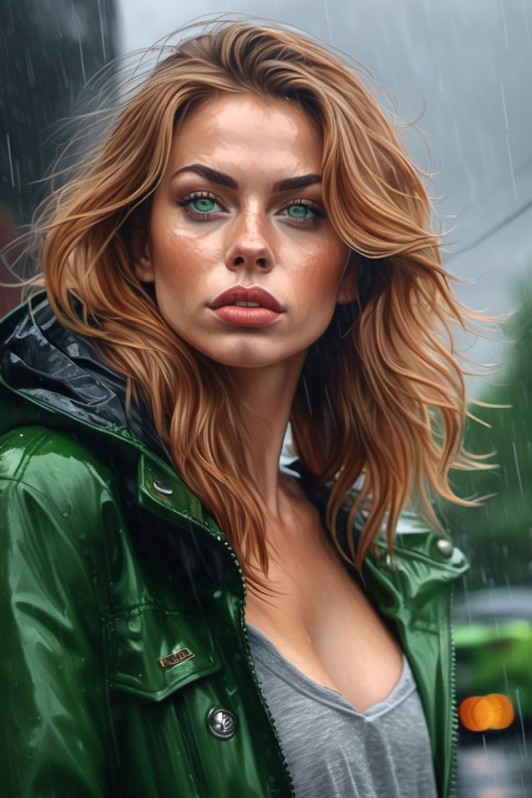 A sexy woman,
Nearby,
scarlion, lion, 
green eyes, whiskers, feline, best quality, photorealistic, raining, cloydy, hyperrealistic, ultradetailed, detailed background, photo background, digital drawing (artwork), 
[[by kenket|by totesfleisch8], by thebigslick:by silverfox5213:0.8], [by syuro, by paloma-paloma::0.2], depth of field, grey sky, intimidating,  ,scarlion,1 girl,food ,more detail XL