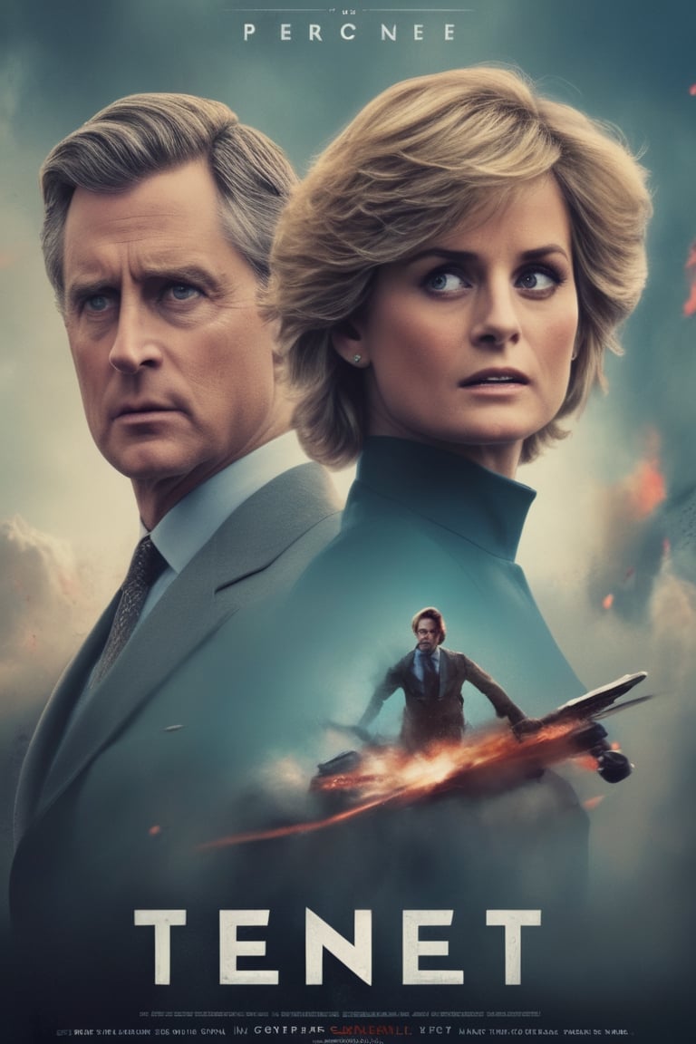 The movie poster of ((Tenet)) ,
Starting prince of Wales Charles of UK and Lady Diana,
Action motion picture,
(Text "Tenet" ) ,
,
Tenet is a 2020 science fiction action thriller film written and directed by Christopher Nolan ,
Movie Poster frame, 🖼️
,
realg,Extremely Realistic,movie poster