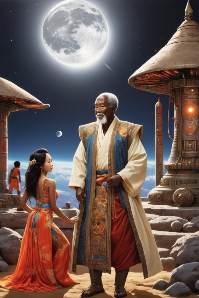 (+18) , NSFW , ((An Old Korean man 90 yrs with his young African sexy wife 20yrs)) , fantastic realism, full shot, soft colors , wife is young age from Africa with dark skin, sleeveless vest , ((background in futuristic 
moon Base)) ,science fiction