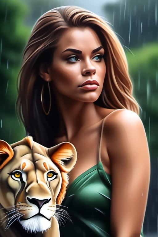 A sexy woman ,
Friend with a Lion,
Scar Lion from Lion King,
scarlion, lion, green eyes, whiskers, feline, best quality, photorealistic, raining, cloydy, hyperrealistic, ultradetailed, detailed background, photo background, digital drawing (artwork), [[by kenket|by totesfleisch8], by thebigslick:by silverfox5213:0.8], [by syuro, by paloma-paloma::0.2], depth of field, grey sky, intimidating,  ,Porcellana style,food ,more detail XL