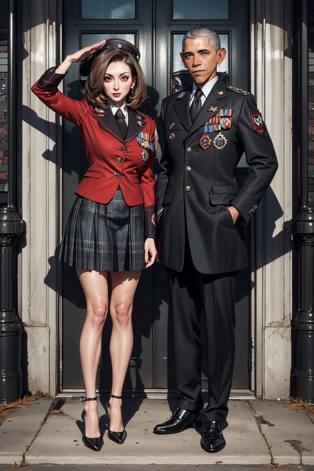 High detailed , 1 male and 1 female standing side by side , erotic camouflage uniform , muscled , futuristic ,, Nancy Pelosi
United States Representative ,,, Barak Obama,
,fantasy00d,vamptech , Scottish skirt, detailed, tall body , standing, salute,