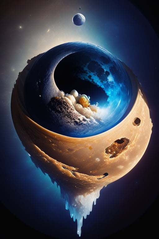 masterpiece, best quality, 
ICE cream scoop as The planet earth in the Solar System ,
The moon ,
Planet Saturn ,
Planet Jupiter,
ICE cream Glass,
A beautiful sexy woman sitting on The crescent moon ,
,earth (planet),sitting on the crescent moon