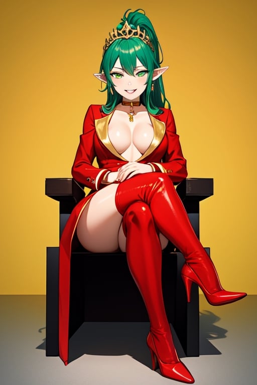 (+18) ,
masterpiece, best quality, 
1girl, breasts, cleavage, 
Crossing legs,
earrings, 
full_body, gold_choker, 
green_eyes, green_hair, 
high_heels, jewelry, long_hair, 
looking_at_viewer, 
medium_breasts, 
parted_lips, pointy_ears, 
ponytail, red_footwear, 
red_suit, smile, 
solo, suit, teeth, 
tiara, yellow_background ,