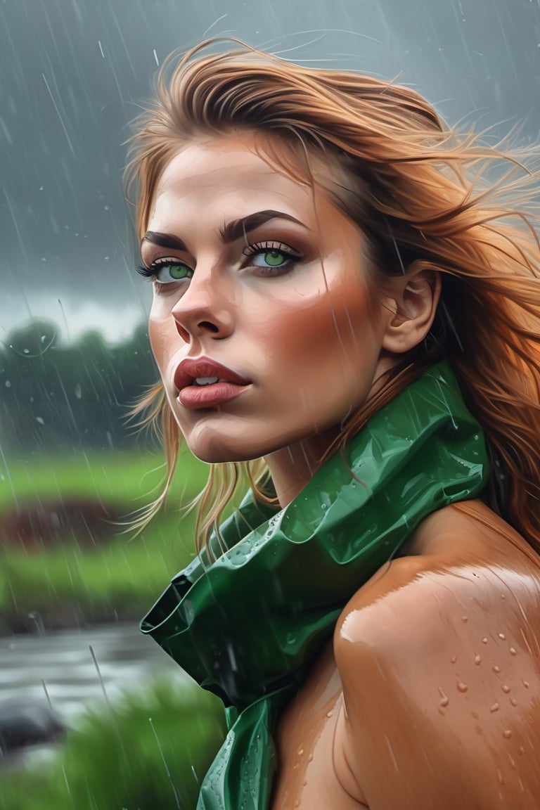 A sexy woman,
Nearby,
scarlion, lion, 
green eyes, whiskers, feline, best quality, photorealistic, raining, cloydy, hyperrealistic, ultradetailed, detailed background, photo background, digital drawing (artwork), 
[[by kenket|by totesfleisch8], by thebigslick:by silverfox5213:0.8], [by syuro, by paloma-paloma::0.2], depth of field, grey sky, intimidating,  ,scarlion,1 girl,food ,more detail XL