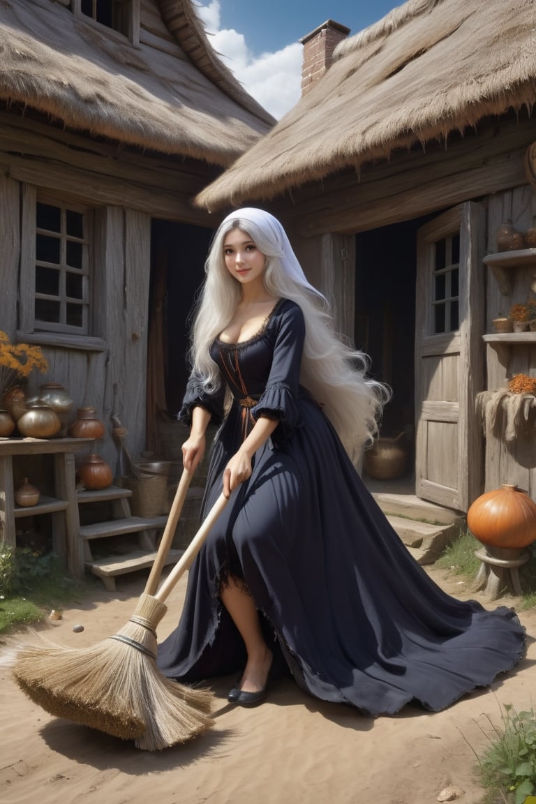 A beautiful Witch gypsy woman,
A Sexy Witch  with a ((broom)) ,
Cleaning the floor,
Sweeping,
Old cottage,
Thick flying White hair,
Wind,
Thighs,
Full body shot,
,
#solar_system ,
,
, ,artint,DonMW15pXL,naughty hijab,WakatsukiRisa,a1sw-InkyCapWitch